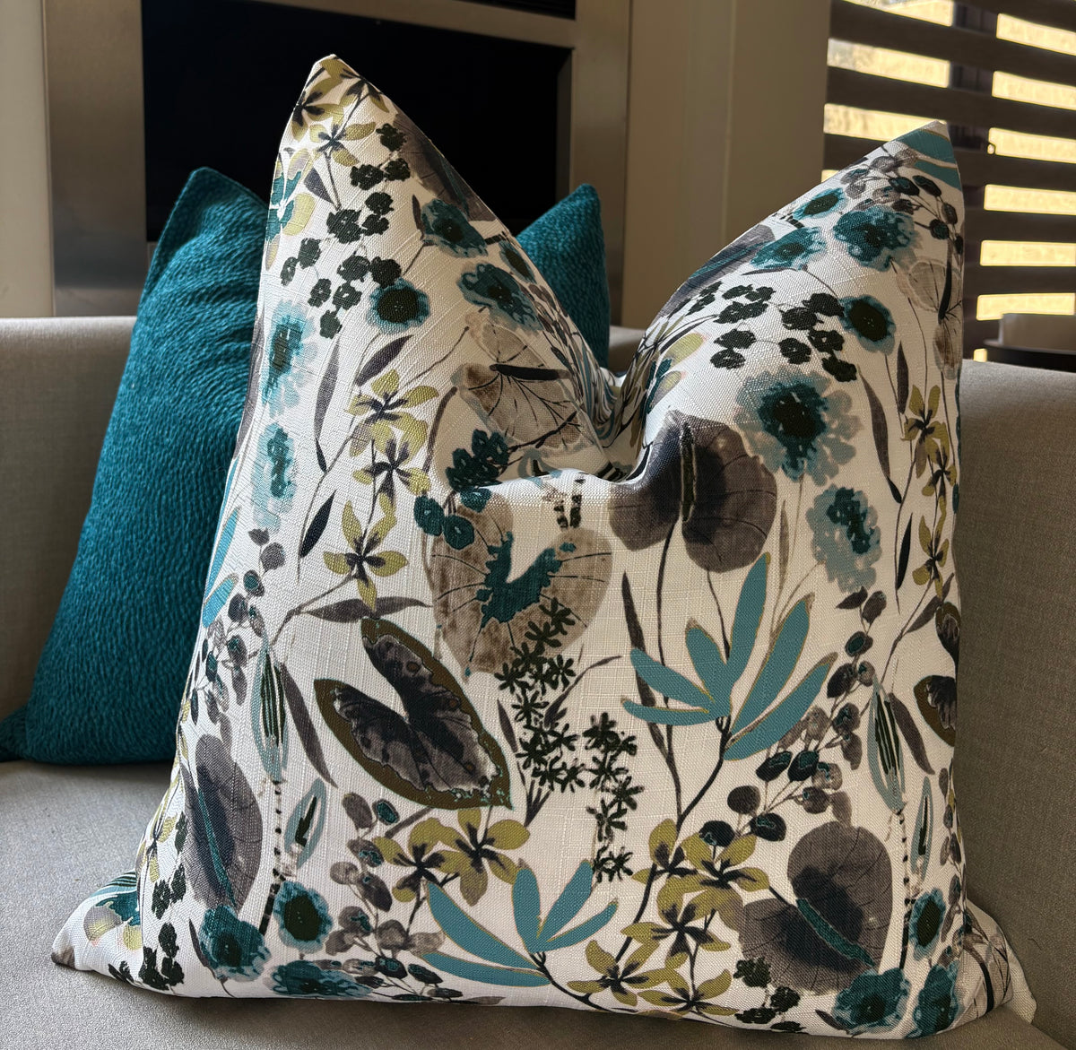 Teal Botanical Floral Print Scatter Cushion