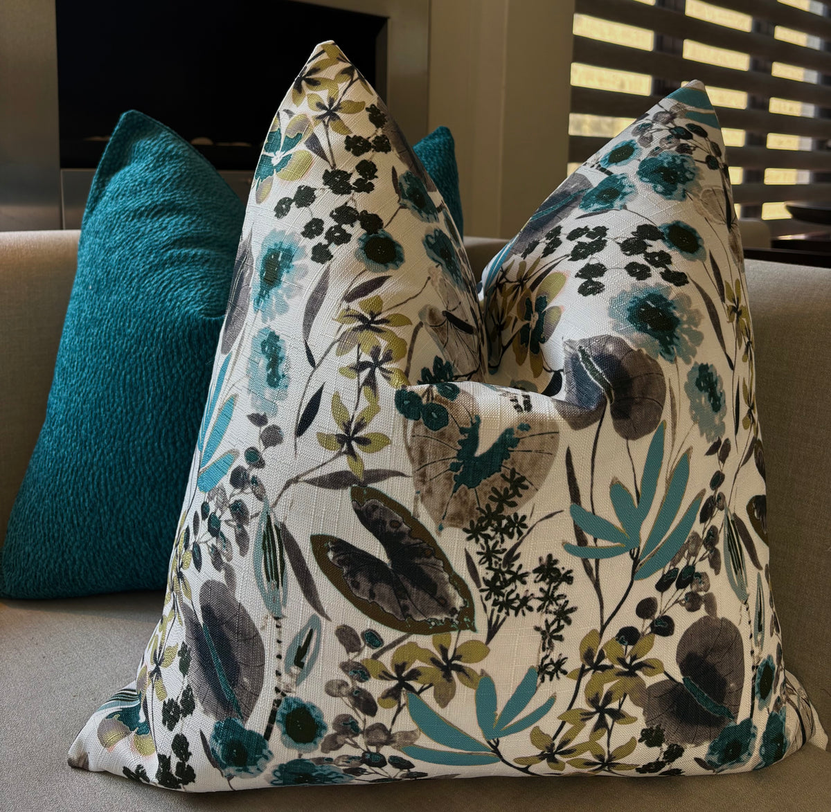 Teal Botanical Floral Print Scatter Cushion