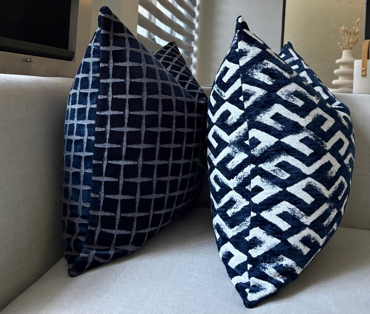 Plush Navy Blue and White Geometric Scatter Cushion